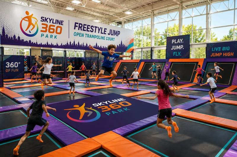 Party guests jumping on the open trampoline courts