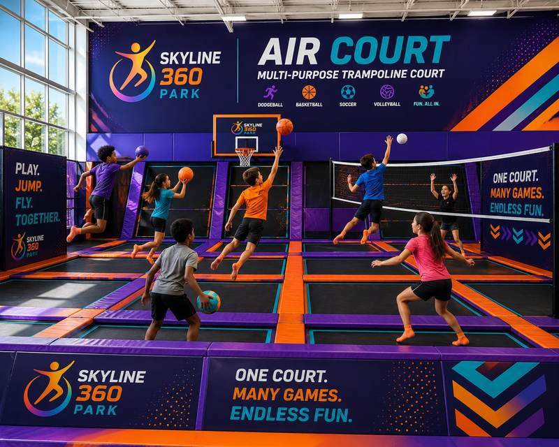 Large group playing games on the Air Court