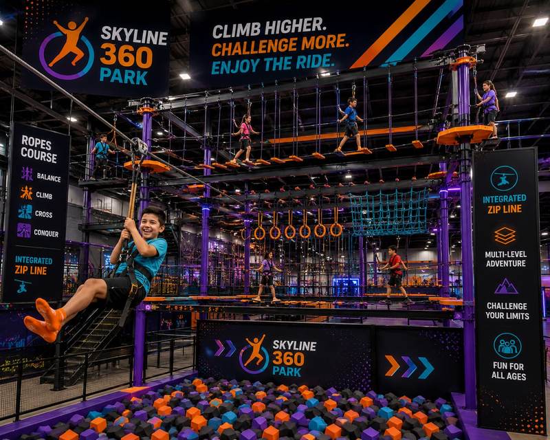 Foam pit landing zone beneath the ropes course zip line