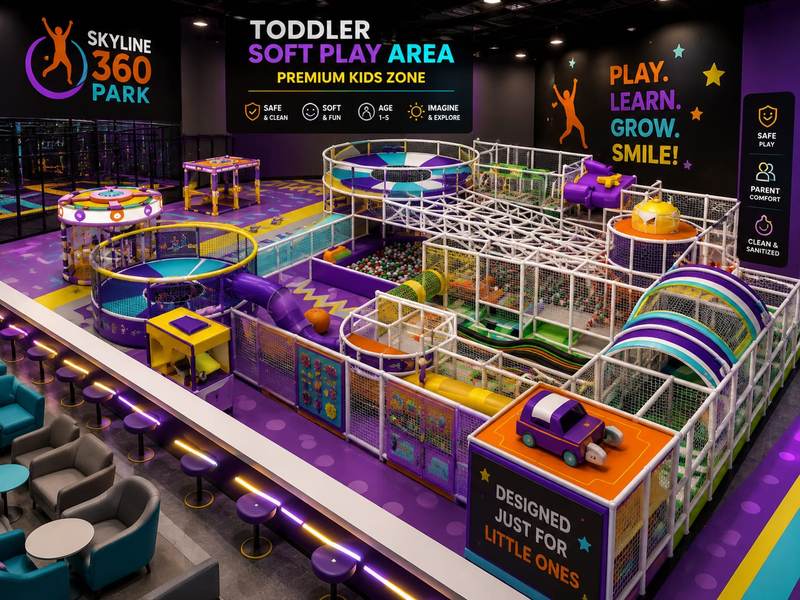 Soft play area with comfortable parent seating alongside