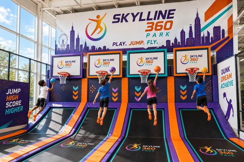 Jumpers dunking on the trampoline basketball lanes